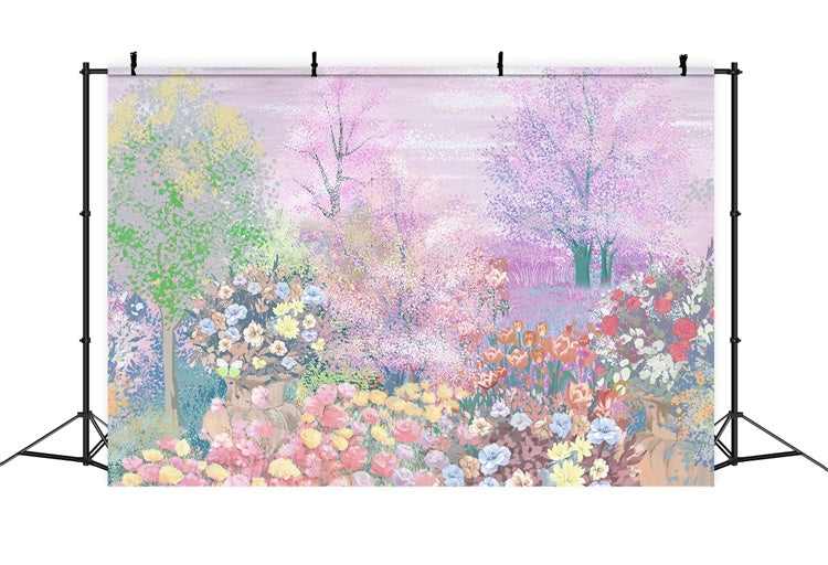 Peinture à l'huile Printemps Romantique Sakura Arbre Rose Tulipe Toile de fond M1-72