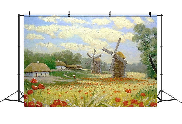 Peinture à l'huile Printemps Champ Fleurs Moulin à vent Village Toile de fond M1-73