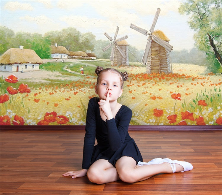 Peinture à l'huile Printemps Champ Fleurs Moulin à vent Village Toile de fond M1-73