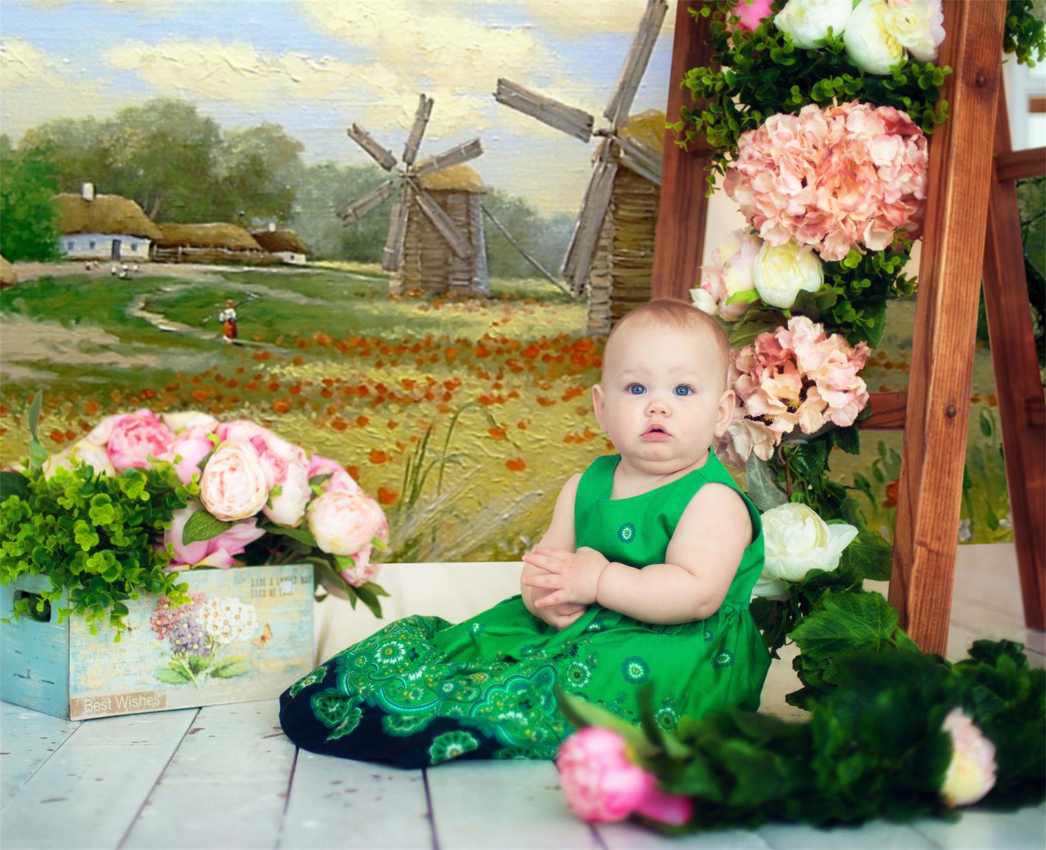 Peinture à l'huile Printemps Champ Fleurs Moulin à vent Village Toile de fond M1-73