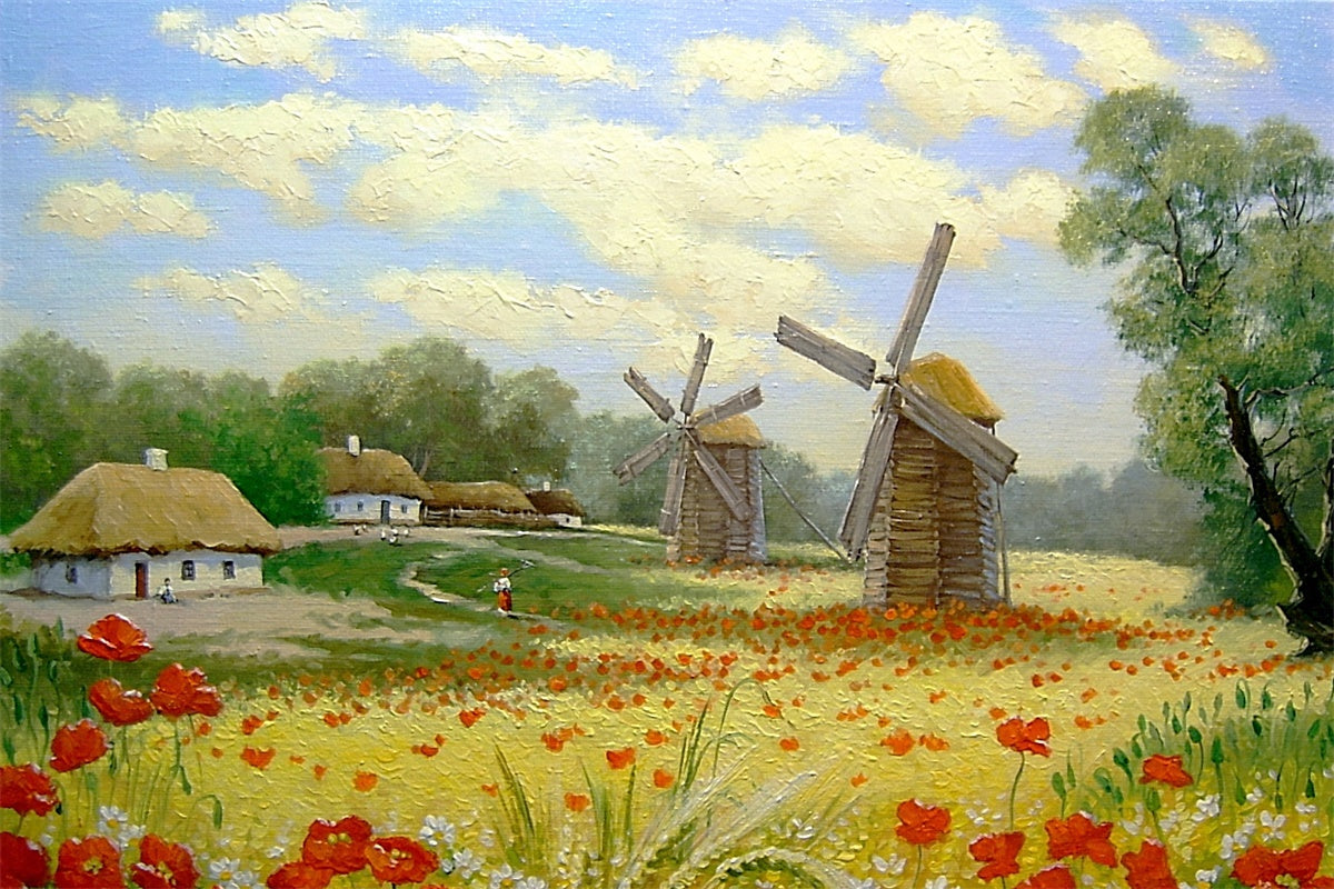 Peinture à l'huile Printemps Champ Fleurs Moulin à vent Village Toile de fond M1-73