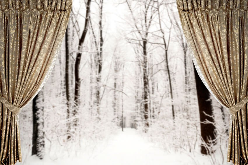 Hiver Neige Fenêtre Vue Rideau Toile de fond M10-03