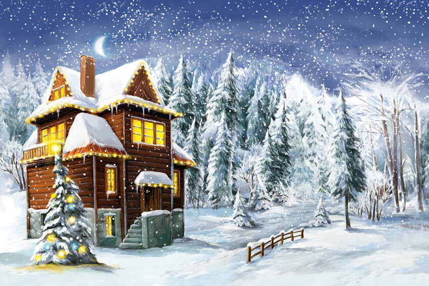 Hiver Village enneigé Arbre de Noël Toile de fond M10-07