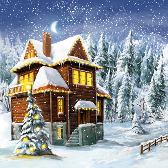 Hiver Village enneigé Arbre de Noël Toile de fond M10-07