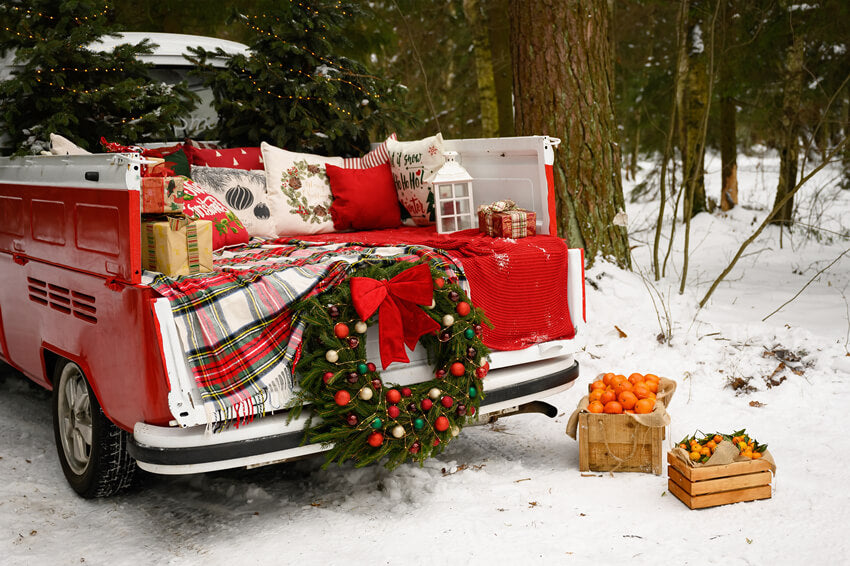Camion de Noël Rouge Forêt Enneigée Toile de fond M10-10
