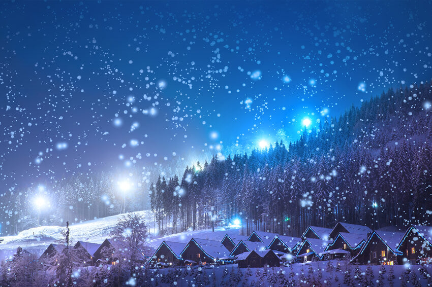 Hiver Village de neige Forêt Vue de nuit Toile de fond M10-14
