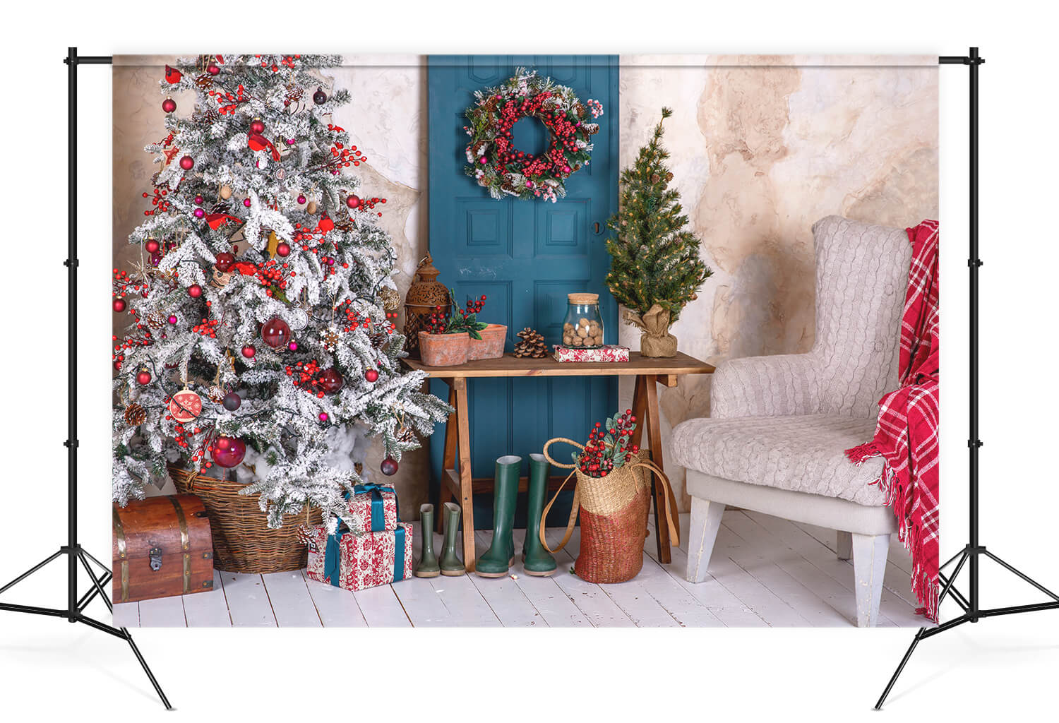 Arbre de Noël Couronne Blanc Chaise Toile de fond M10-27