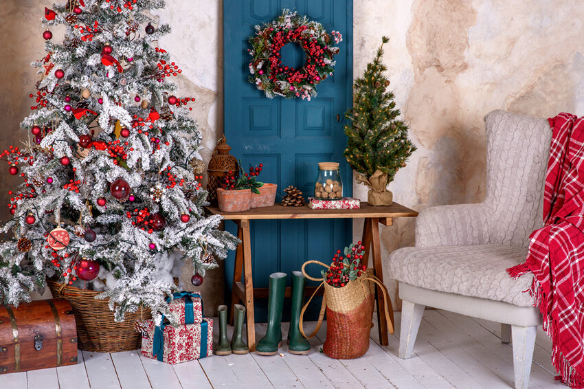 Arbre de Noël Couronne Blanc Chaise Toile de fond M10-27