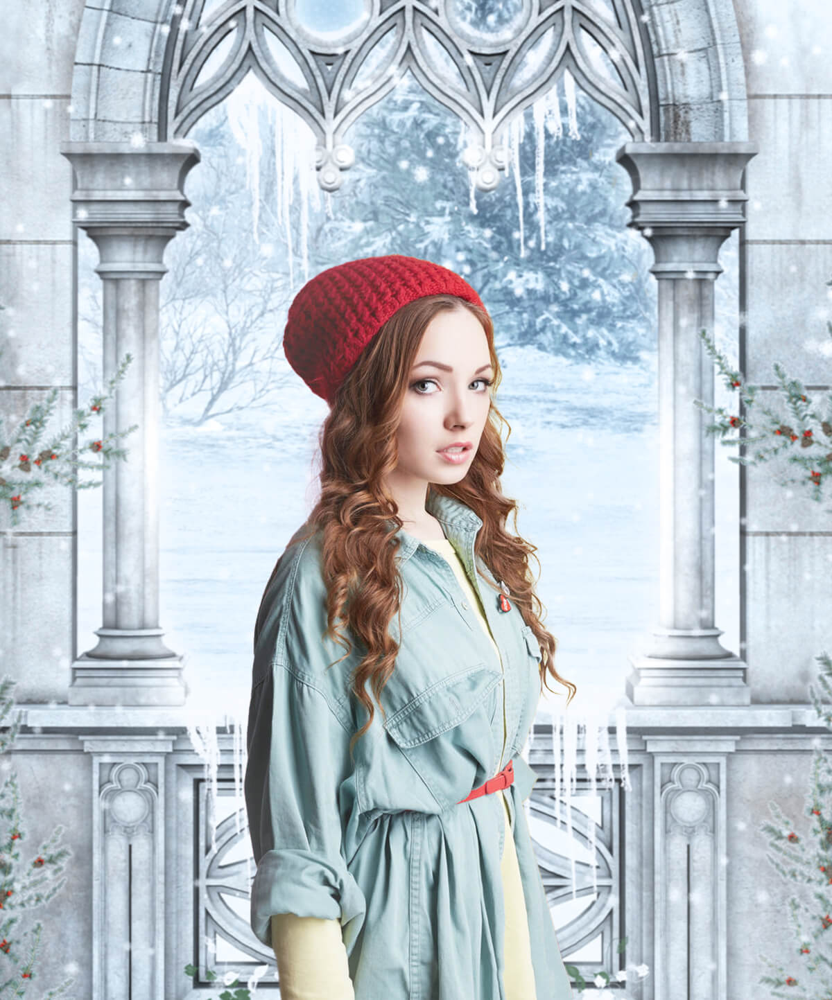 Hiver Enneigé Féerie Jardin Fenêtre Toile de fond M11-01