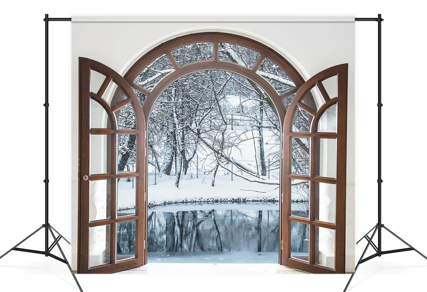 Fenêtre Arquée en Bois Forêt d'Hiver Toile de fond M11-24