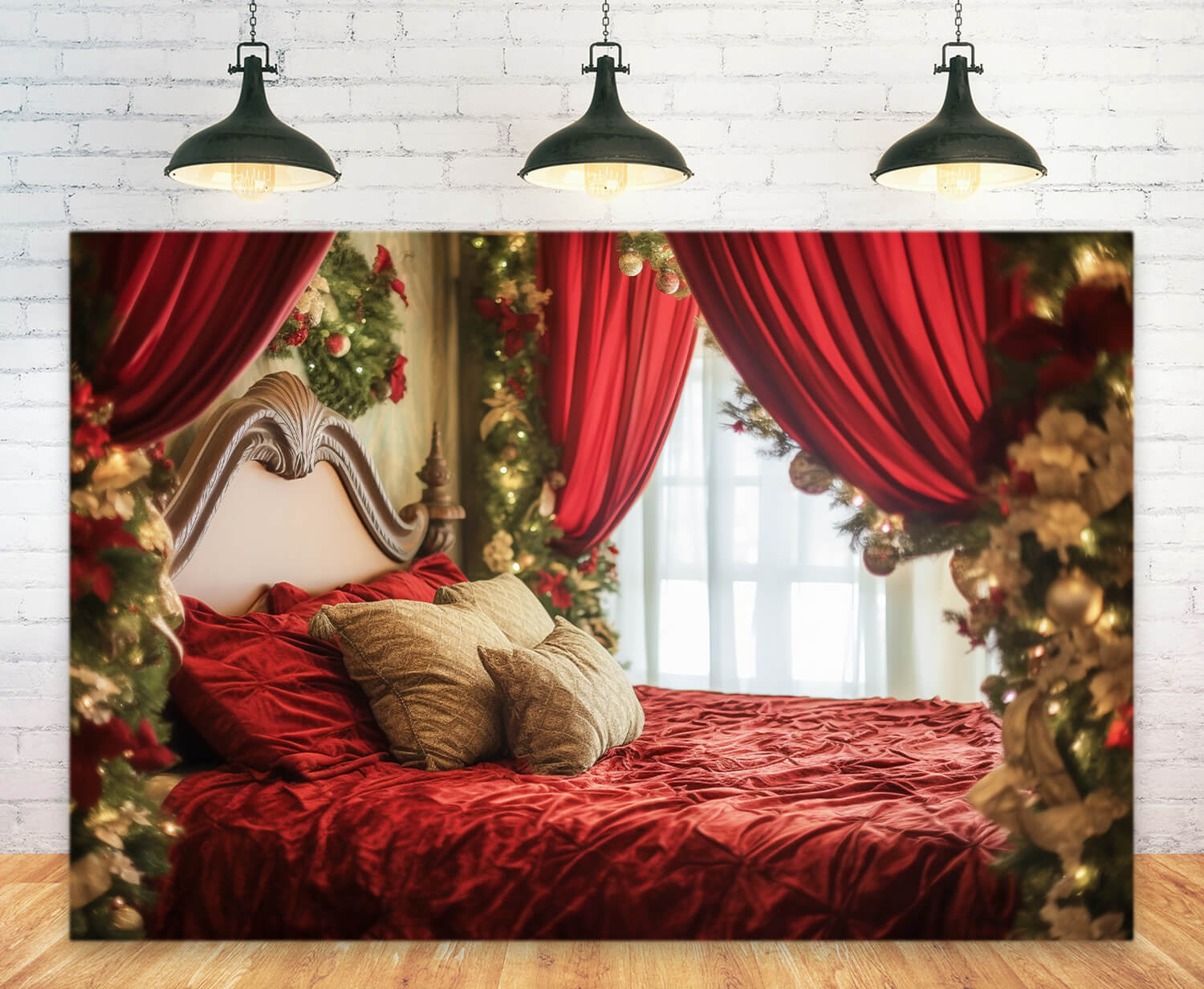 Noël Chambre Guirlande Rouge Lit Toile de fond M11-39