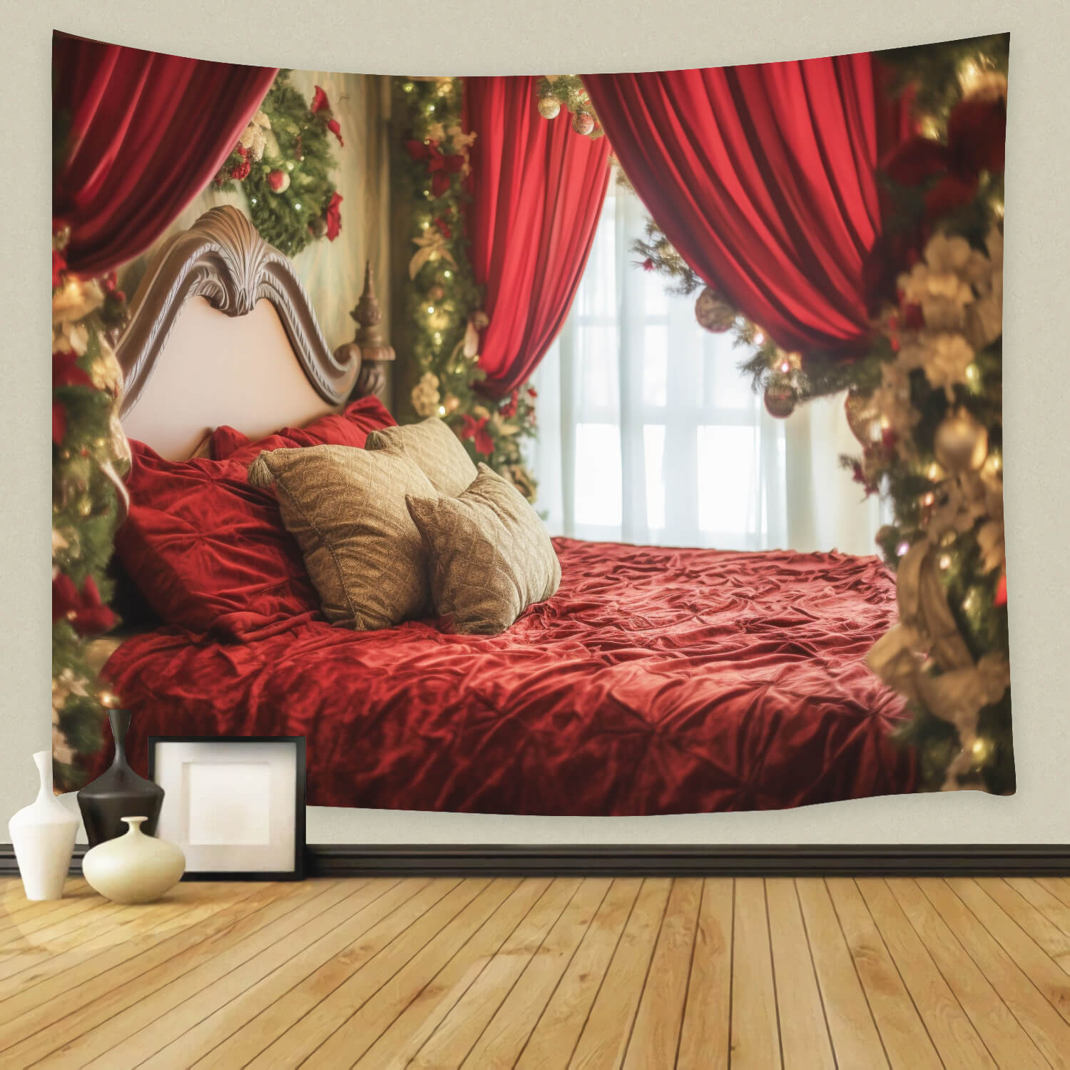 Noël Chambre Guirlande Rouge Lit Toile de fond M11-39