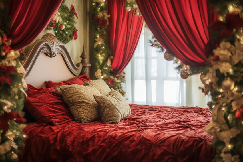 Noël Chambre Guirlande Rouge Lit Toile de fond M11-39