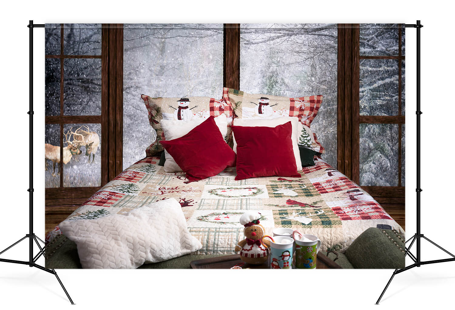 Fenêtre enneigée d'hiver Noël Lit Toile de fond M11-41