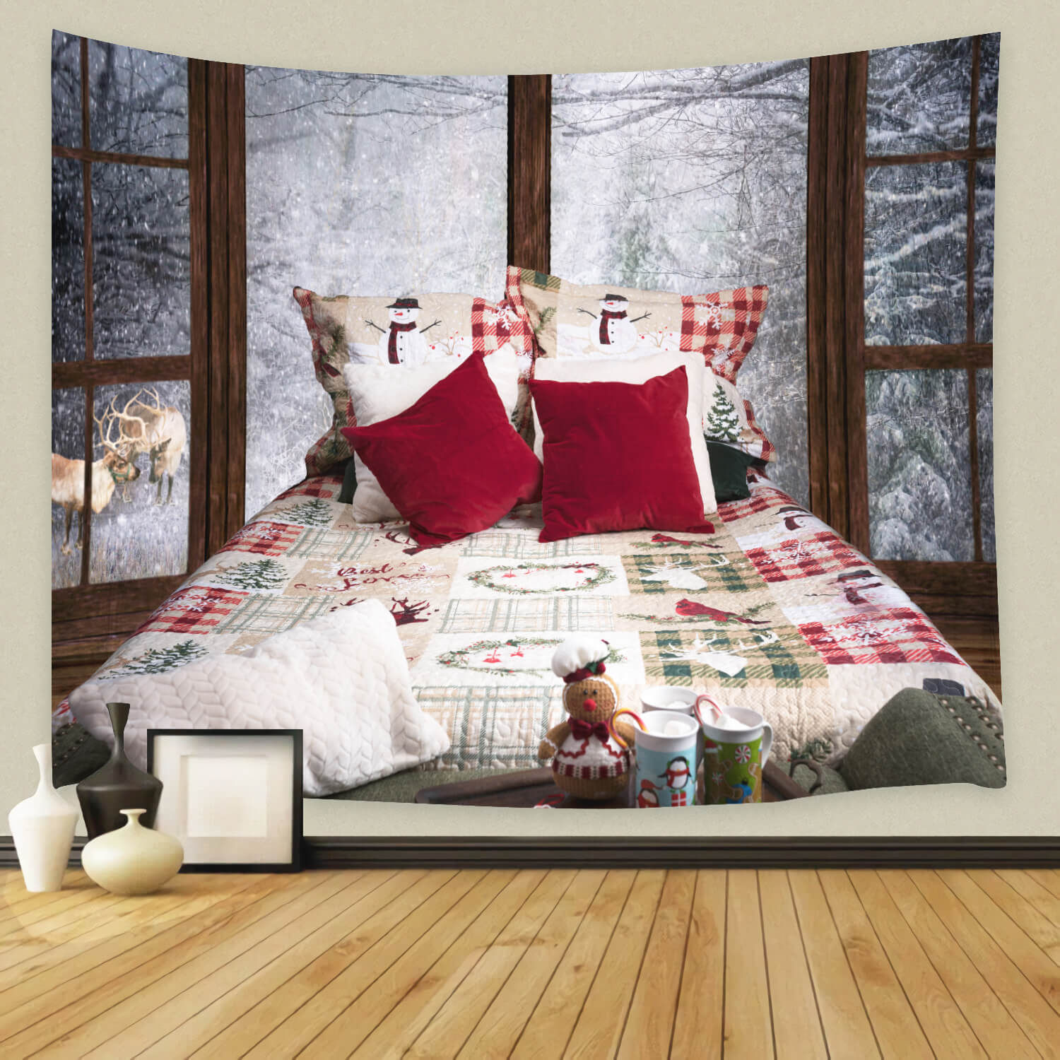 Fenêtre enneigée d'hiver Noël Lit Toile de fond M11-41