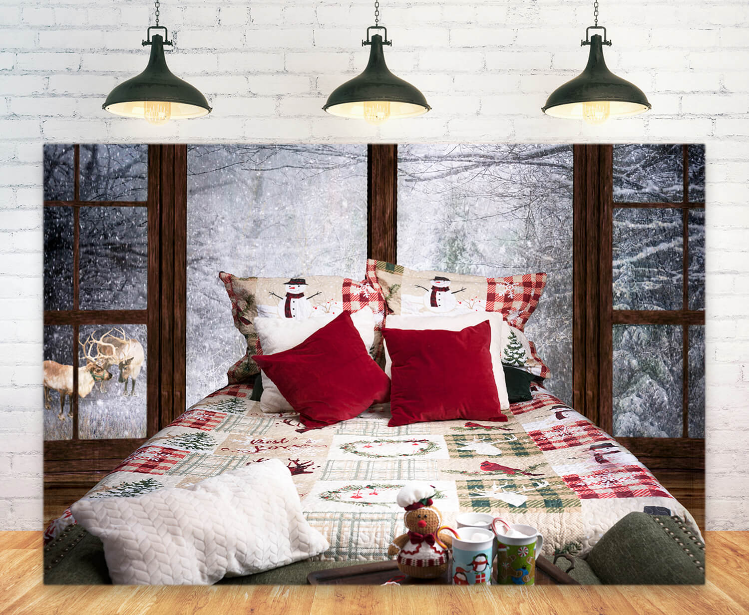 Fenêtre enneigée d'hiver Noël Lit Toile de fond M11-41