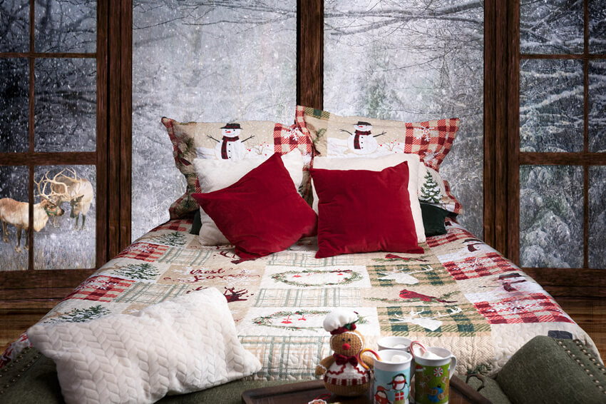 Fenêtre enneigée d'hiver Noël Lit Toile de fond M11-41