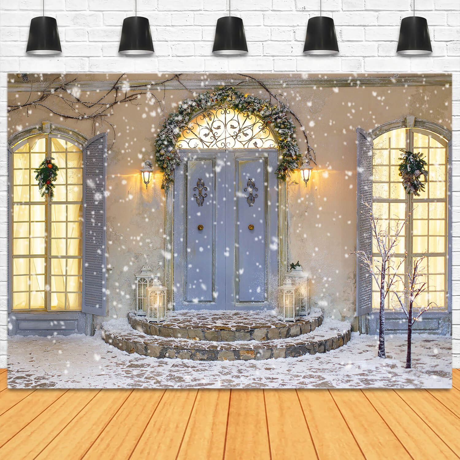 Flocon de neige Maison de Noël Porte de Porche Toile de fond M11-44