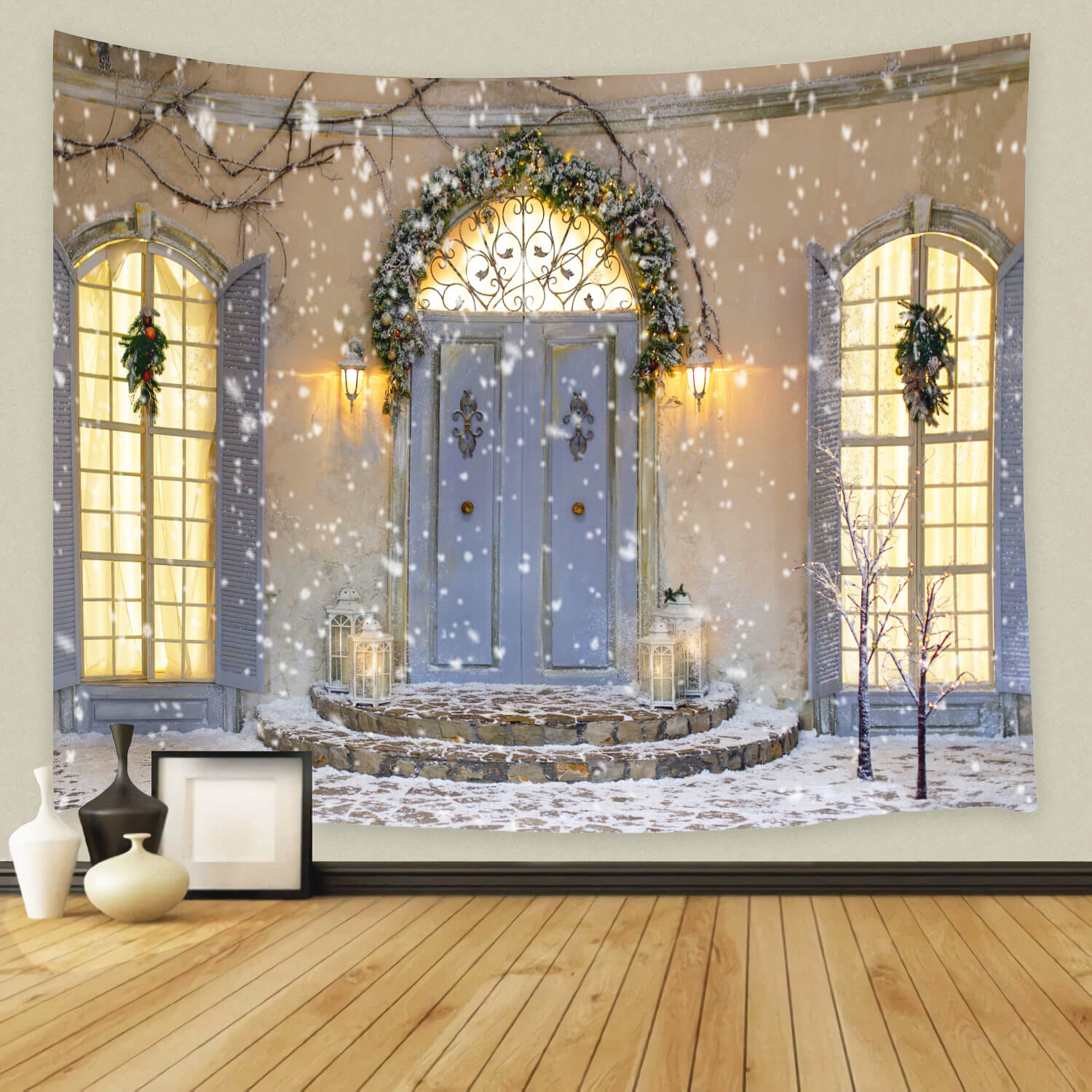 Flocon de neige Maison de Noël Porte de Porche Toile de fond M11-44