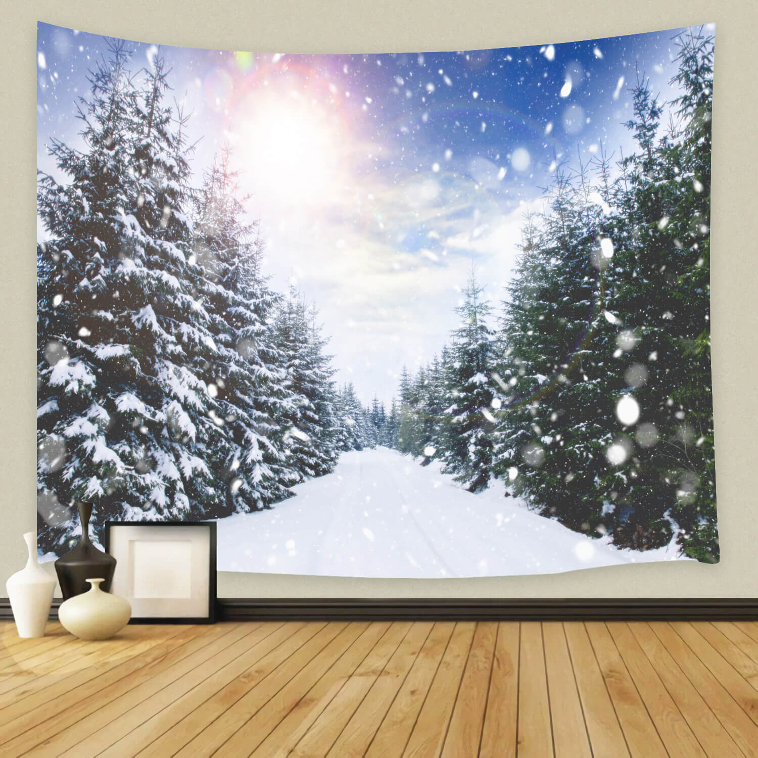 Forêt d'hiver Chute de neige Lumière du soleil Paysage Toile de fond M11-45