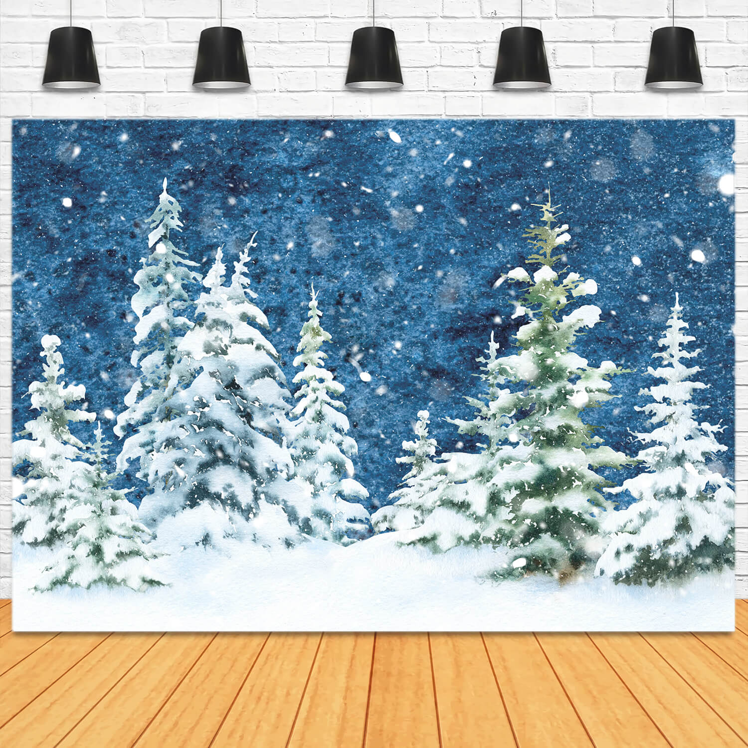 Forêt d'épinettes hivernales Neige Aquarelle Toile de fond M11-46