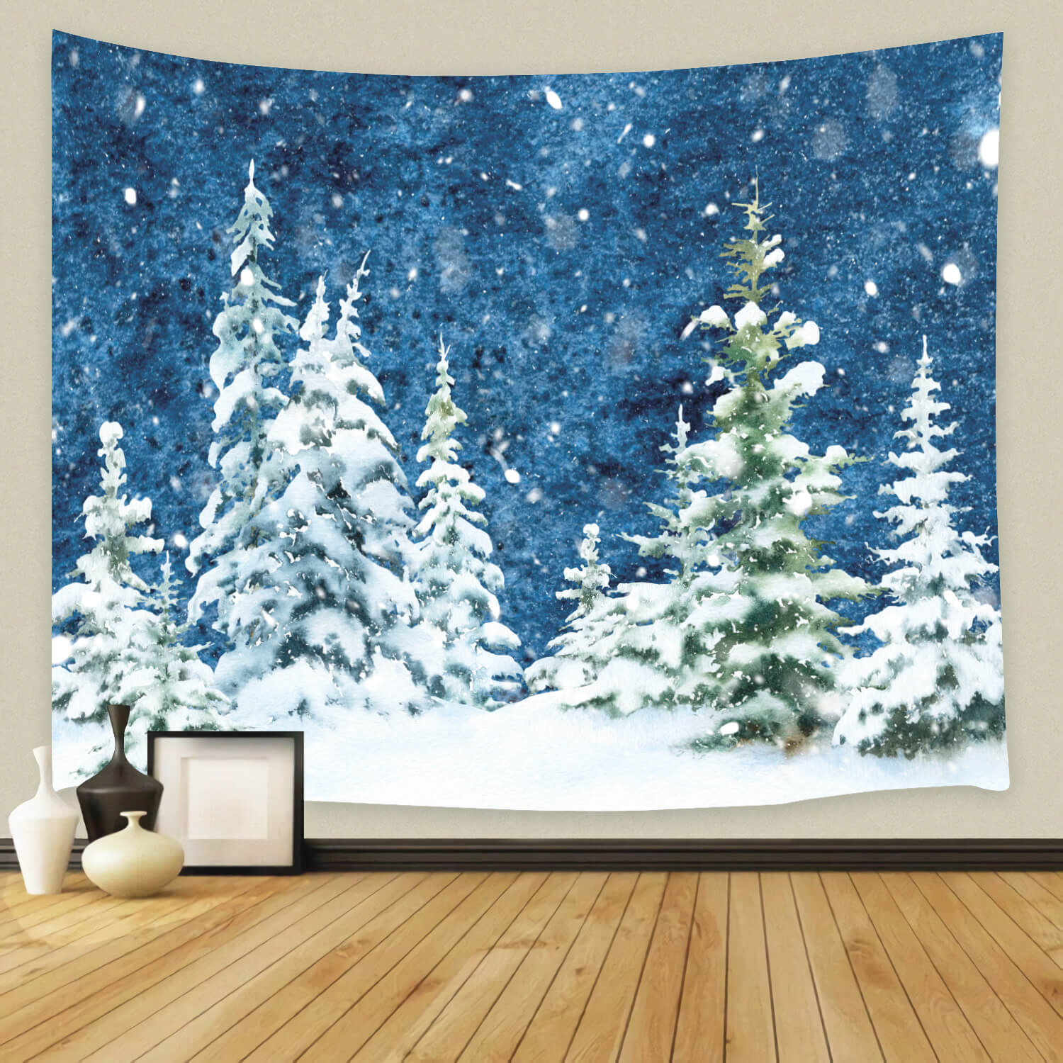 Forêt d'épinettes hivernales Neige Aquarelle Toile de fond M11-46