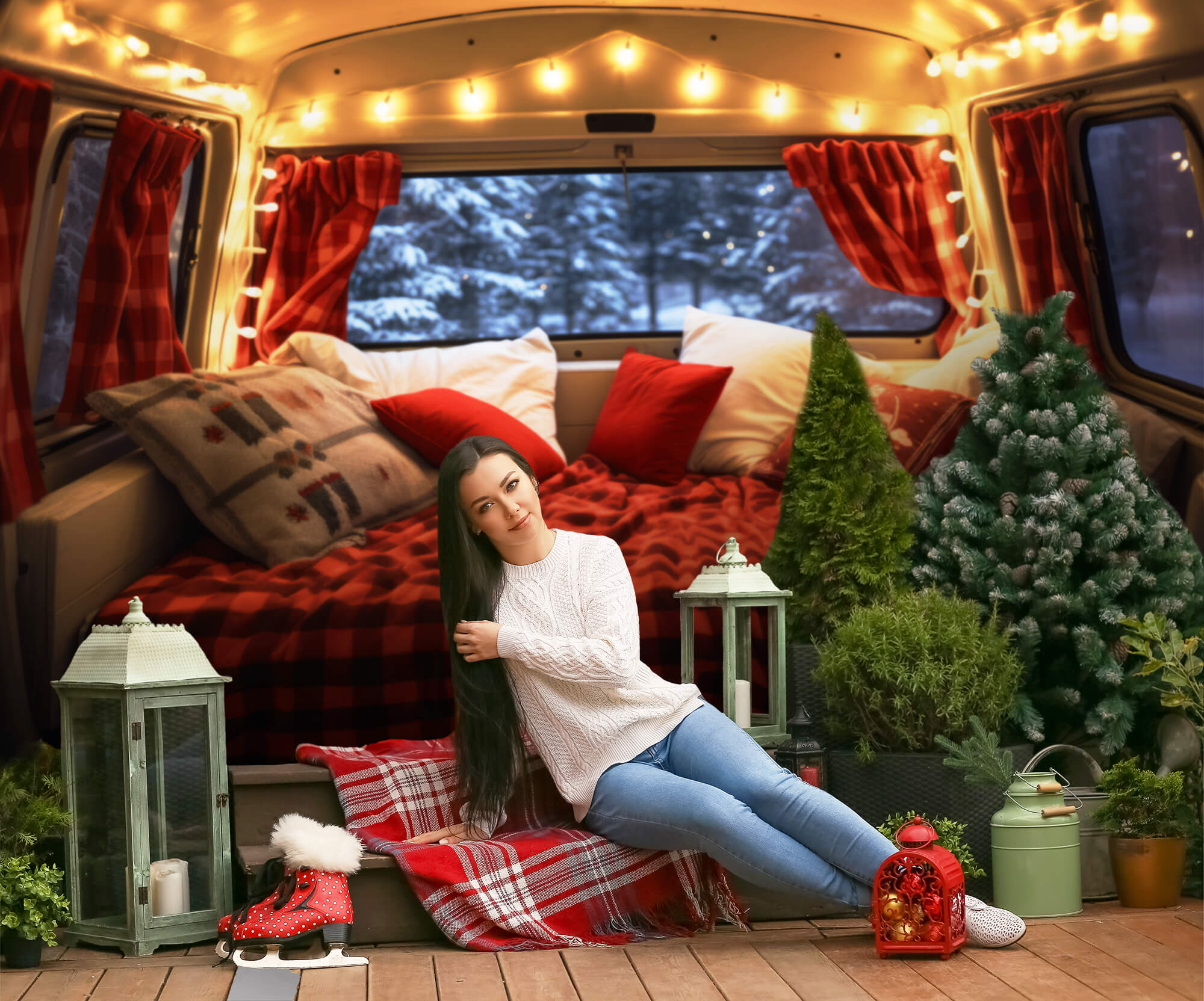 Noël Camper Van Rouge Décoré Toile de fond M11-58