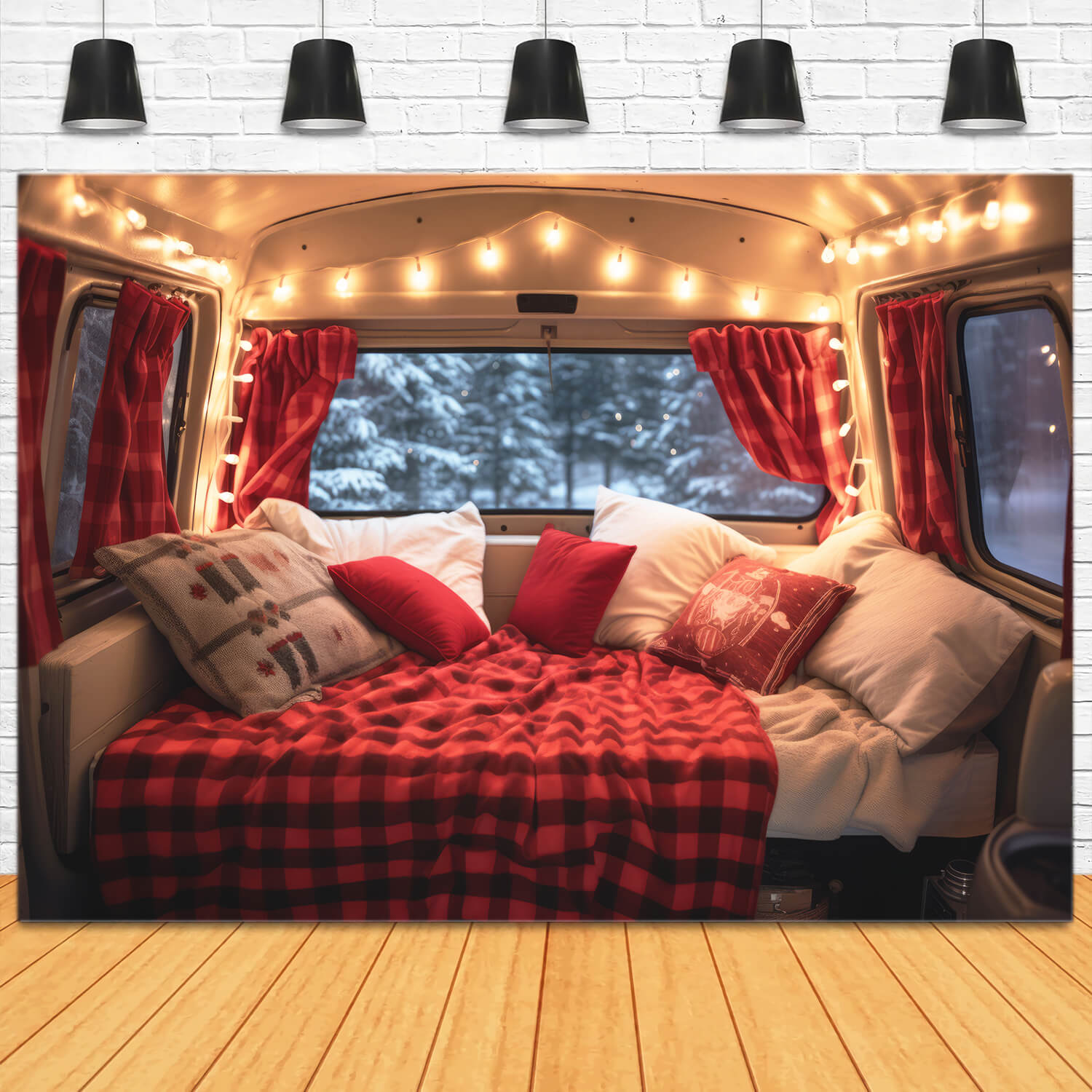 Noël Camper Van Rouge Décoré Toile de fond M11-58