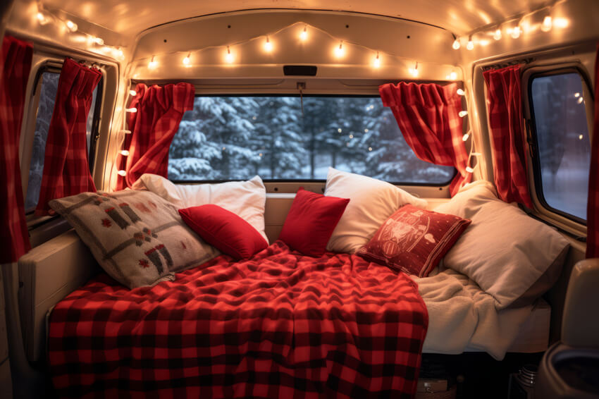 Noël Camper Van Rouge Décoré Toile de fond M11-58