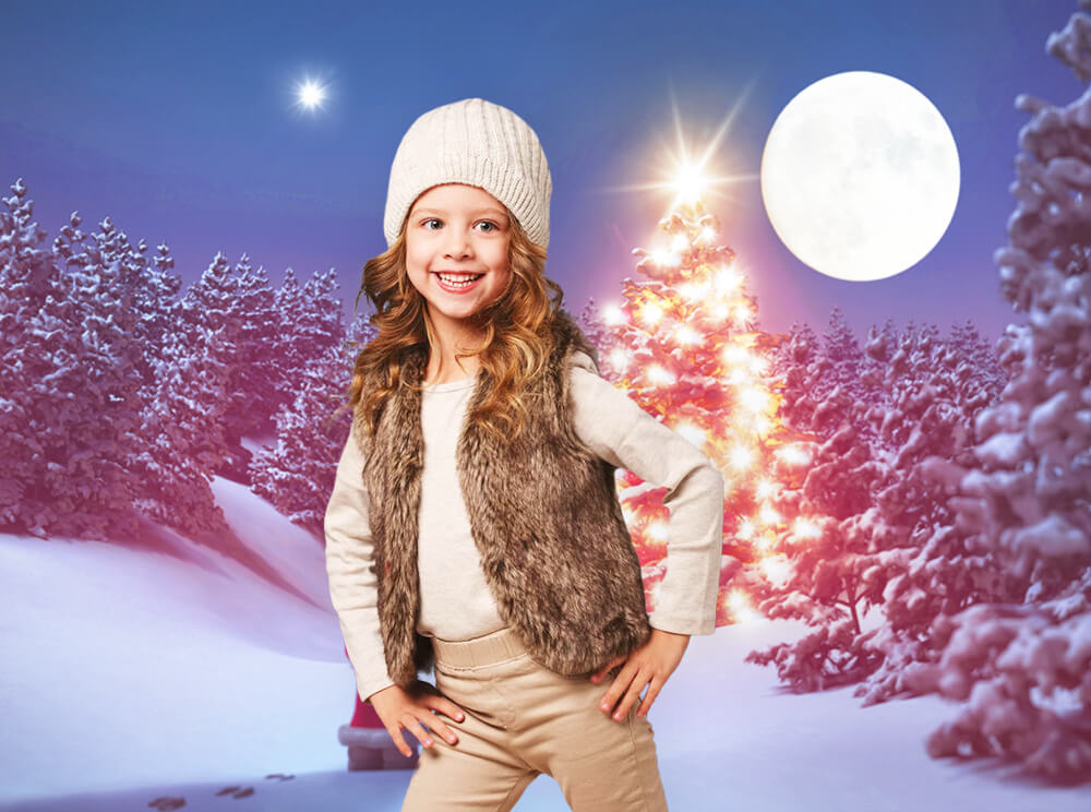 Hiver Forêt Neigeuse Nuit Lune Toile de fond M11-61