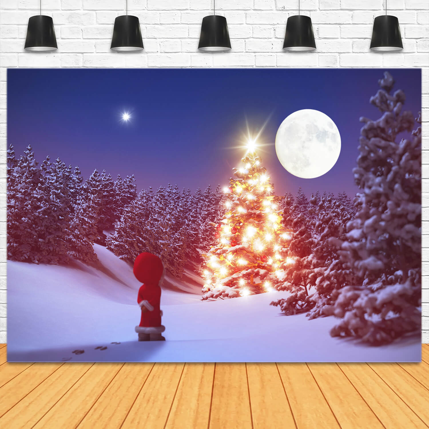 Hiver Forêt Neigeuse Nuit Lune Toile de fond M11-61