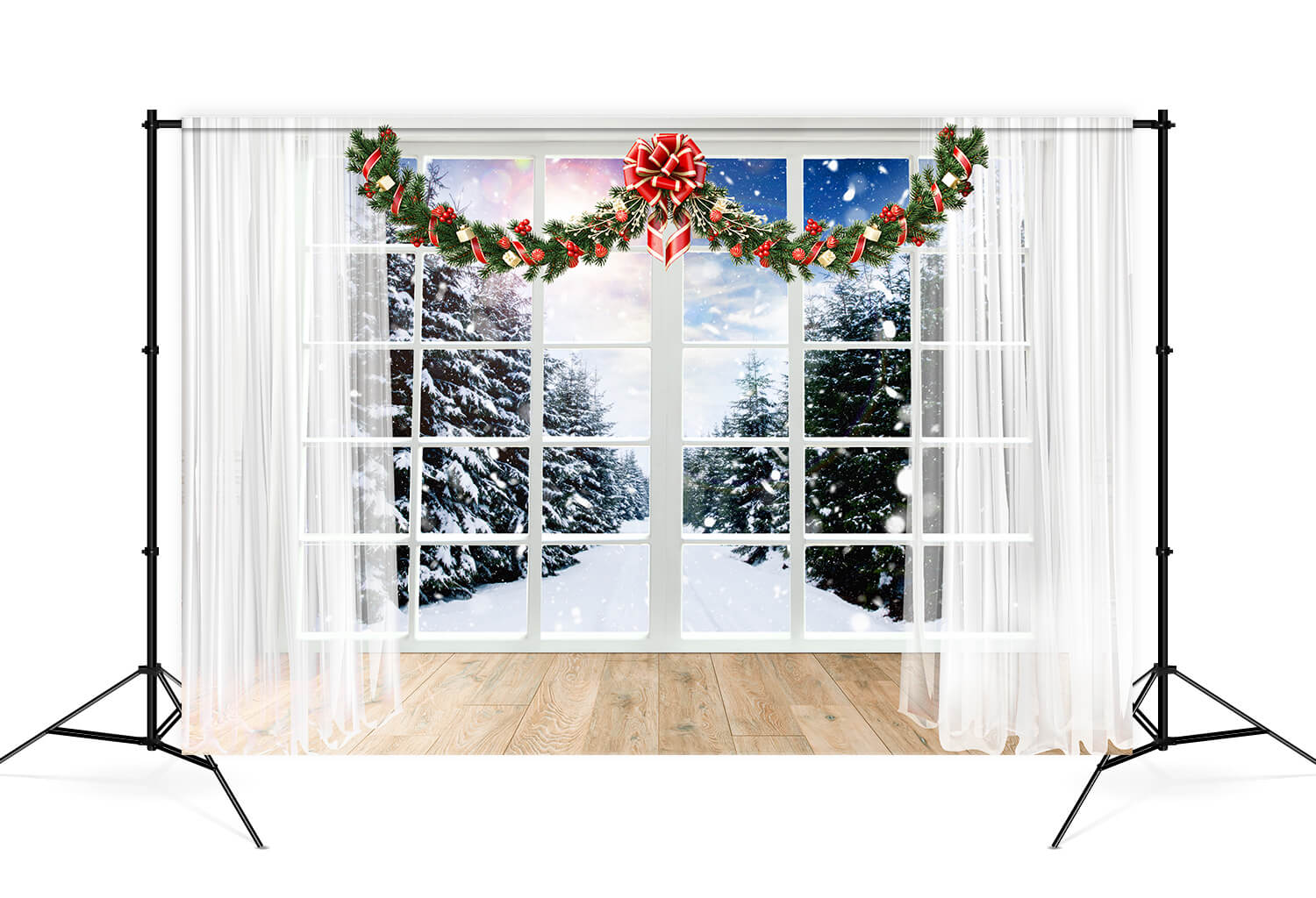 Noël Fenêtre Neige Vue Forêt Toile de fond M11-66