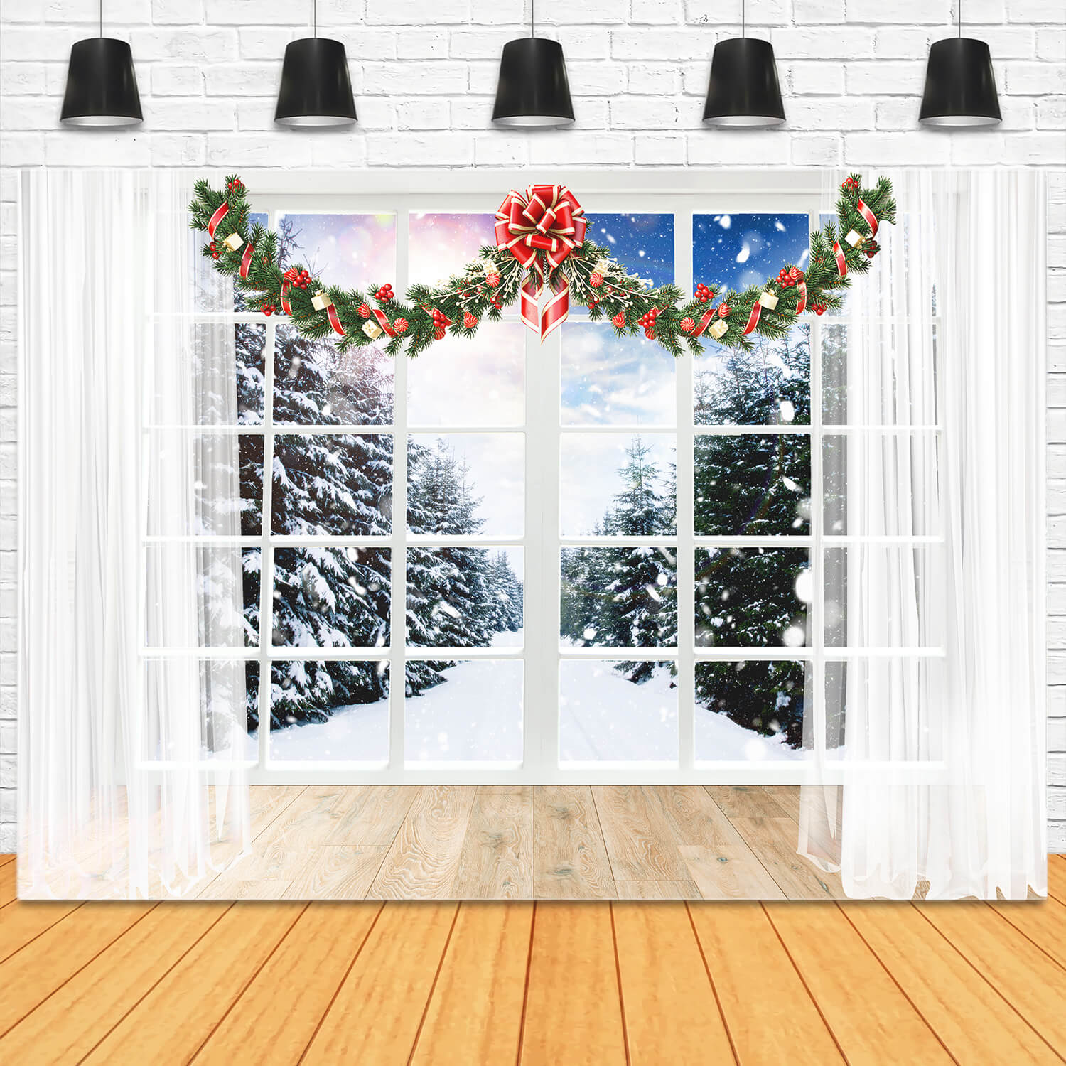 Noël Fenêtre Neige Vue Forêt Toile de fond M11-66