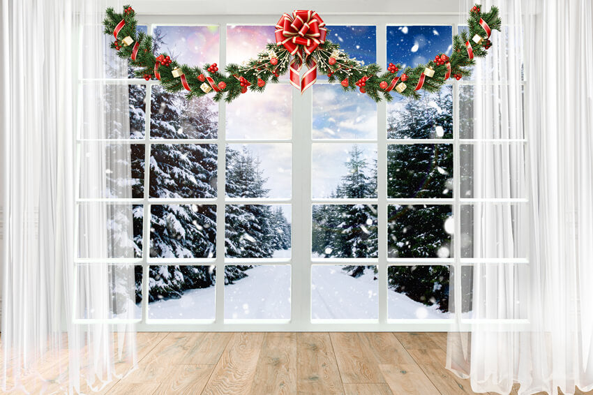 Noël Fenêtre Neige Vue Forêt Toile de fond M11-66