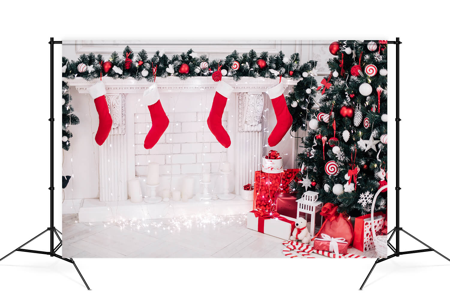 Arbre de Noël Cheminée Chaussettes Boîte Cadeau Toile de fond M11-72