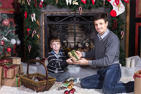 Cheminée de Noël Chaussettes Rouge Cadeau Tapis d'Hiver Toile de fond M11-74