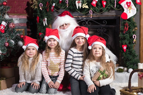 Cheminée de Noël Chaussettes Rouge Cadeau Tapis d'Hiver Toile de fond M11-74