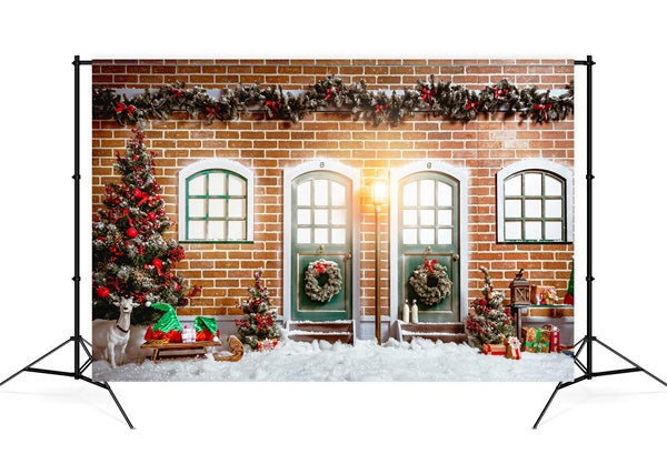 Arbre de Noël Neige Couronne Cadeaux Mur Rouge Toile de fond M11-77