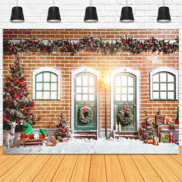 Arbre de Noël Neige Couronne Cadeaux Mur Rouge Toile de fond M11-77