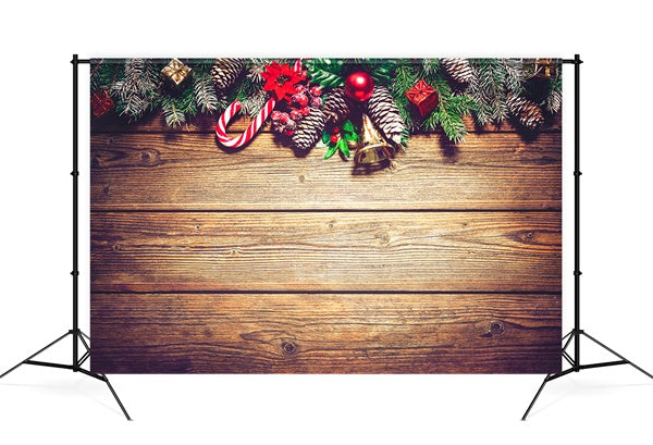 Noël Bois Mur Pignes de pin Sapin Rouge Canne Bonbon Toile de fond M11-78