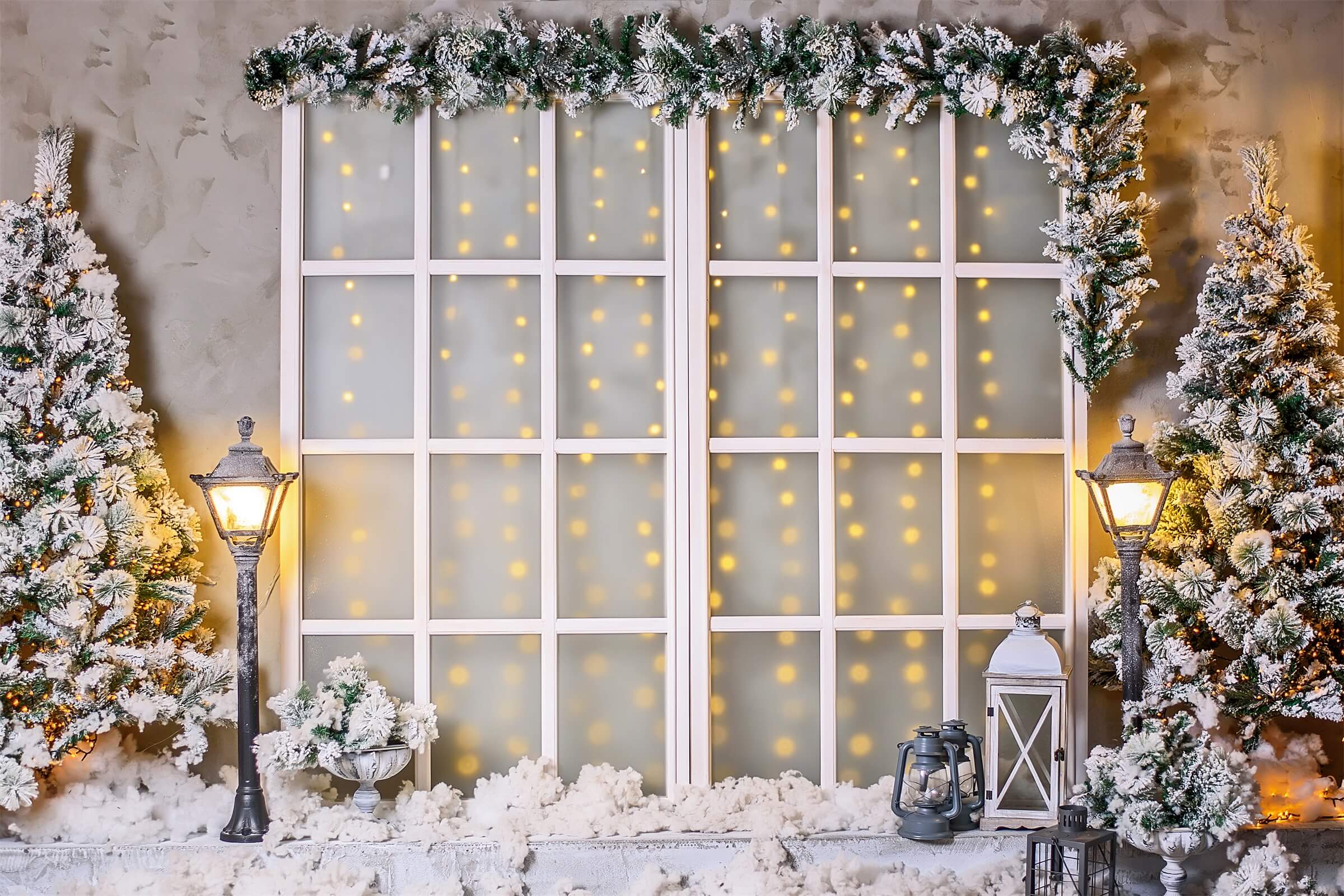 Sapin de Noël Neige Étoiles Lumières de Rue Fenêtre Verre Toile de fond M11-80