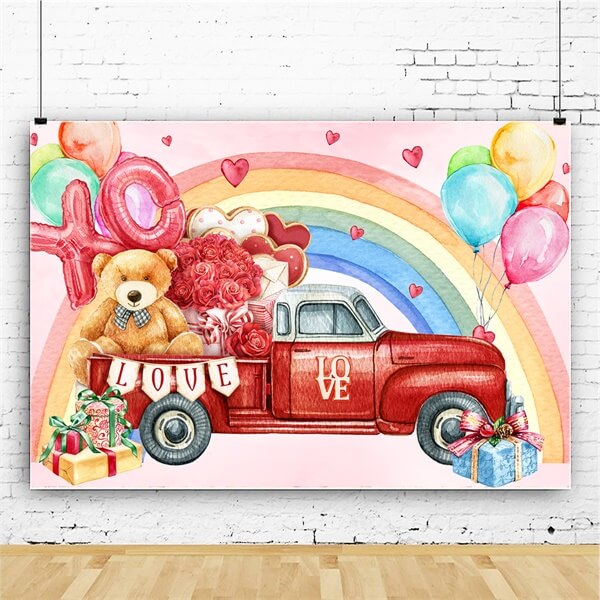 Saint Valentin Ours Rose Coffre Rouge Voiture Arc-en-ciel Ballons Graffiti Toile de fond M12-11