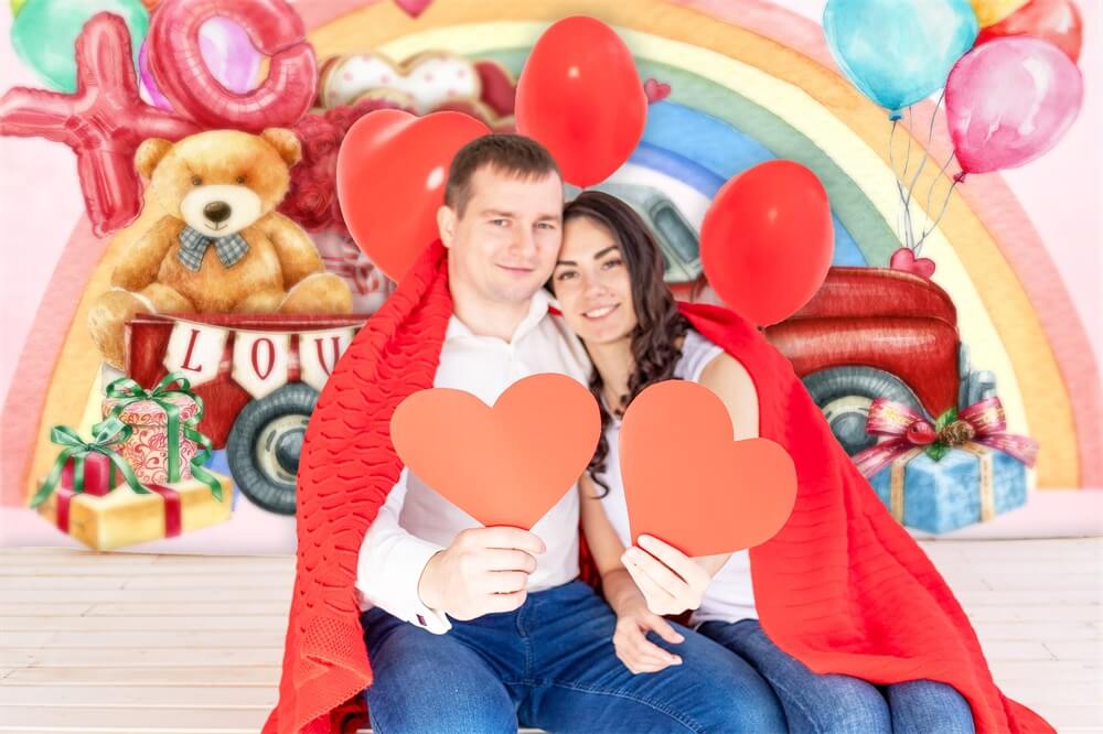 Saint Valentin Ours Rose Coffre Rouge Voiture Arc-en-ciel Ballons Graffiti Toile de fond M12-11