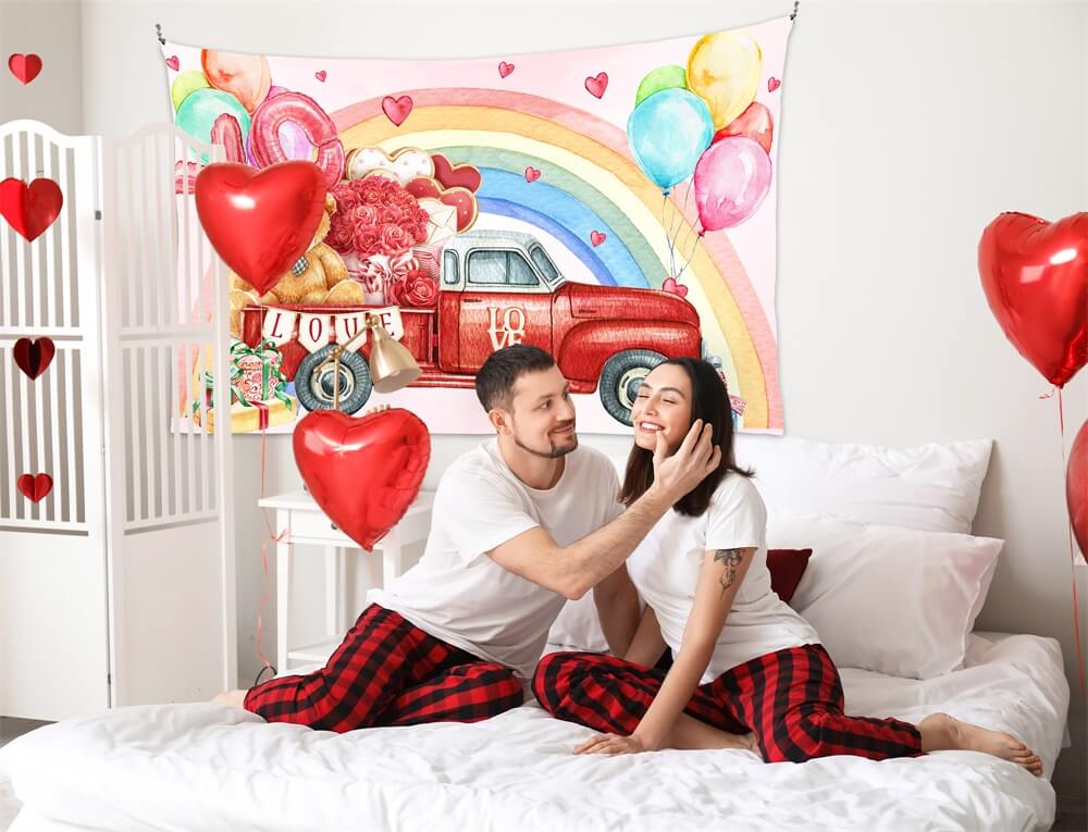Saint Valentin Ours Rose Coffre Rouge Voiture Arc-en-ciel Ballons Graffiti Toile de fond M12-11