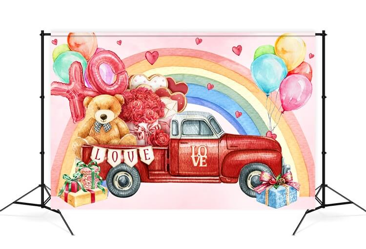Saint Valentin Ours Rose Coffre Rouge Voiture Arc-en-ciel Ballons Graffiti Toile de fond M12-11