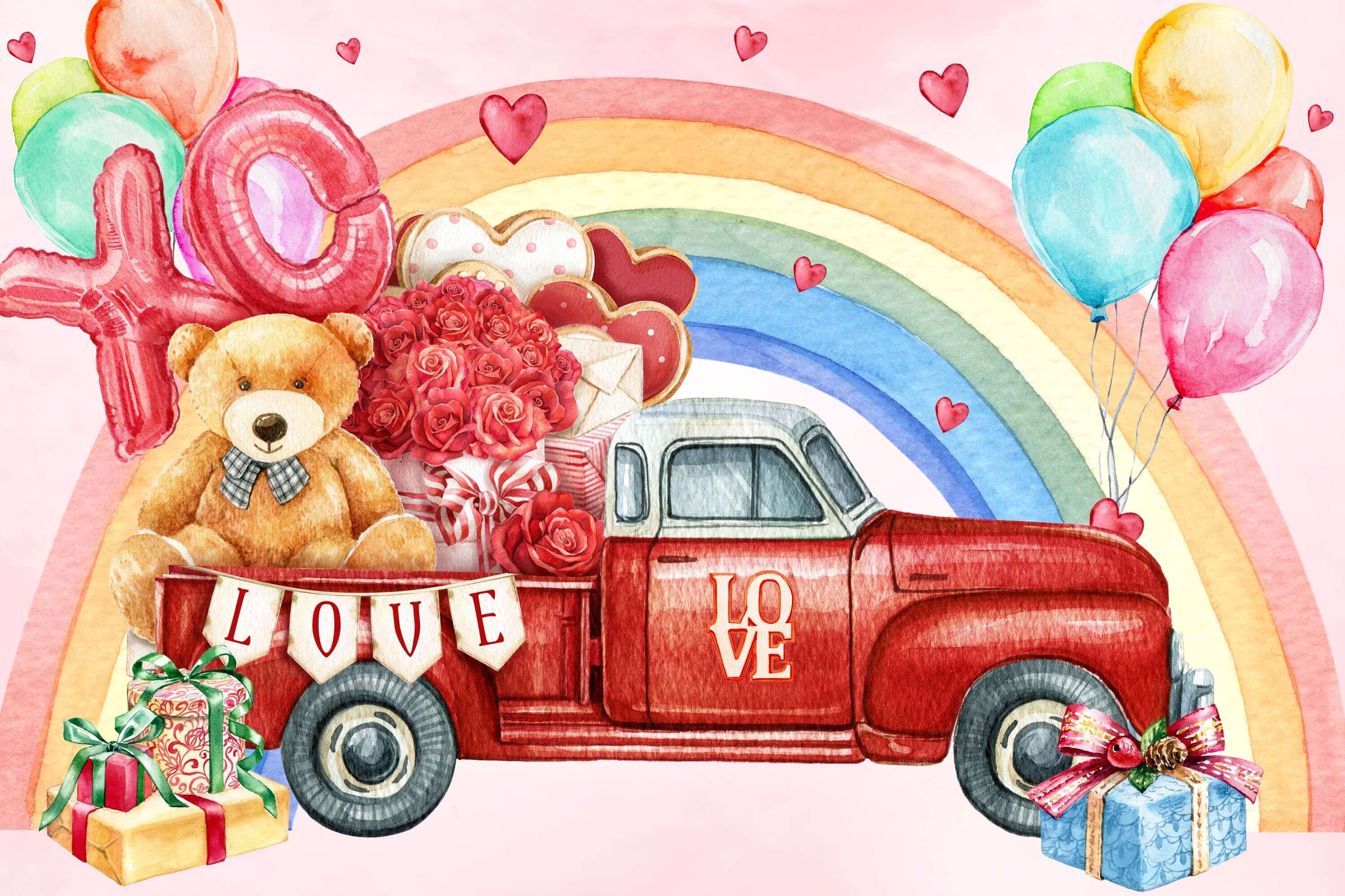 Saint Valentin Ours Rose Coffre Rouge Voiture Arc-en-ciel Ballons Graffiti Toile de fond M12-11