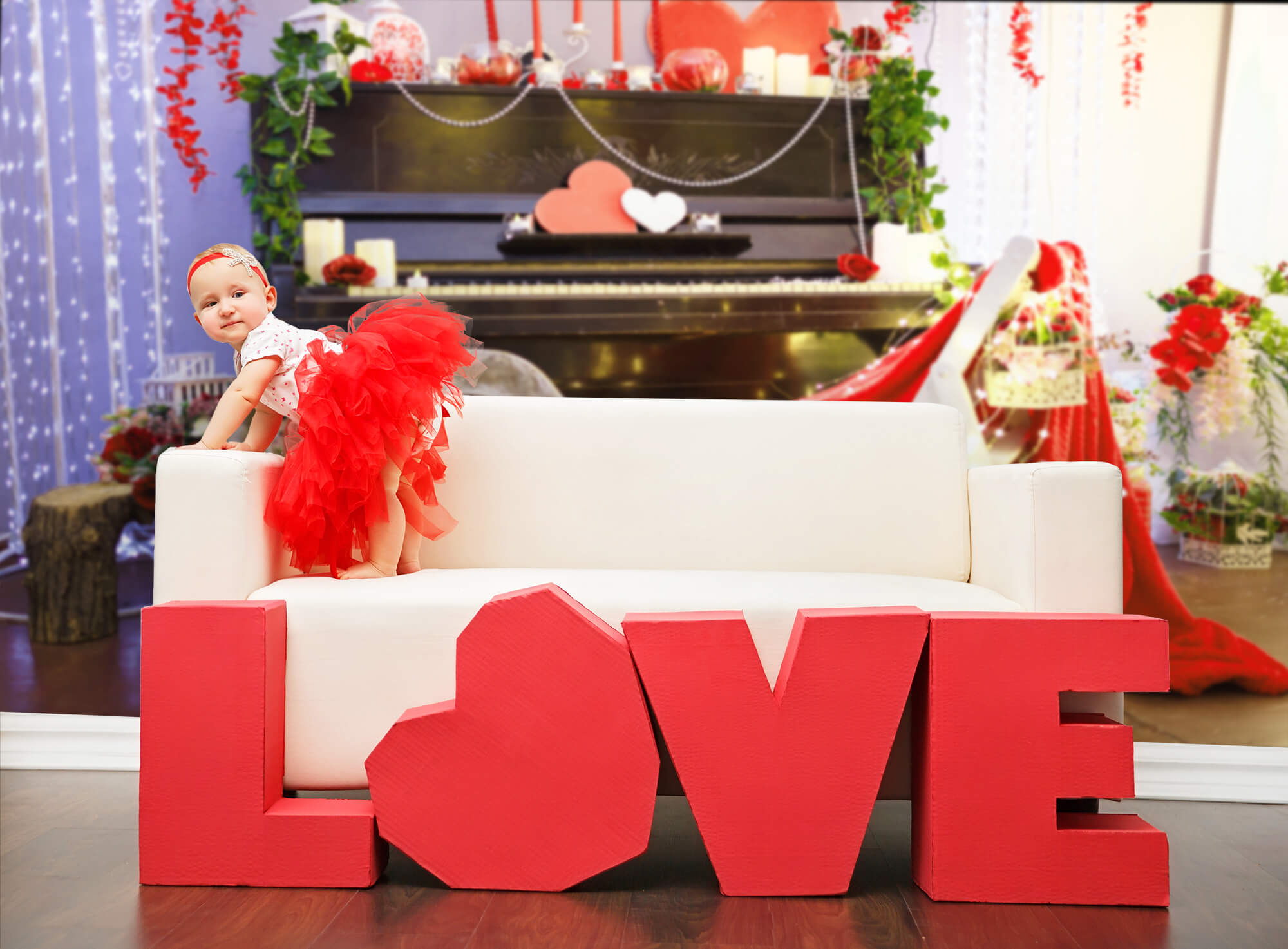 St Valentin Coeur Rouge Décorations Romantiques Piano Fleuri Toile de fond M12-18