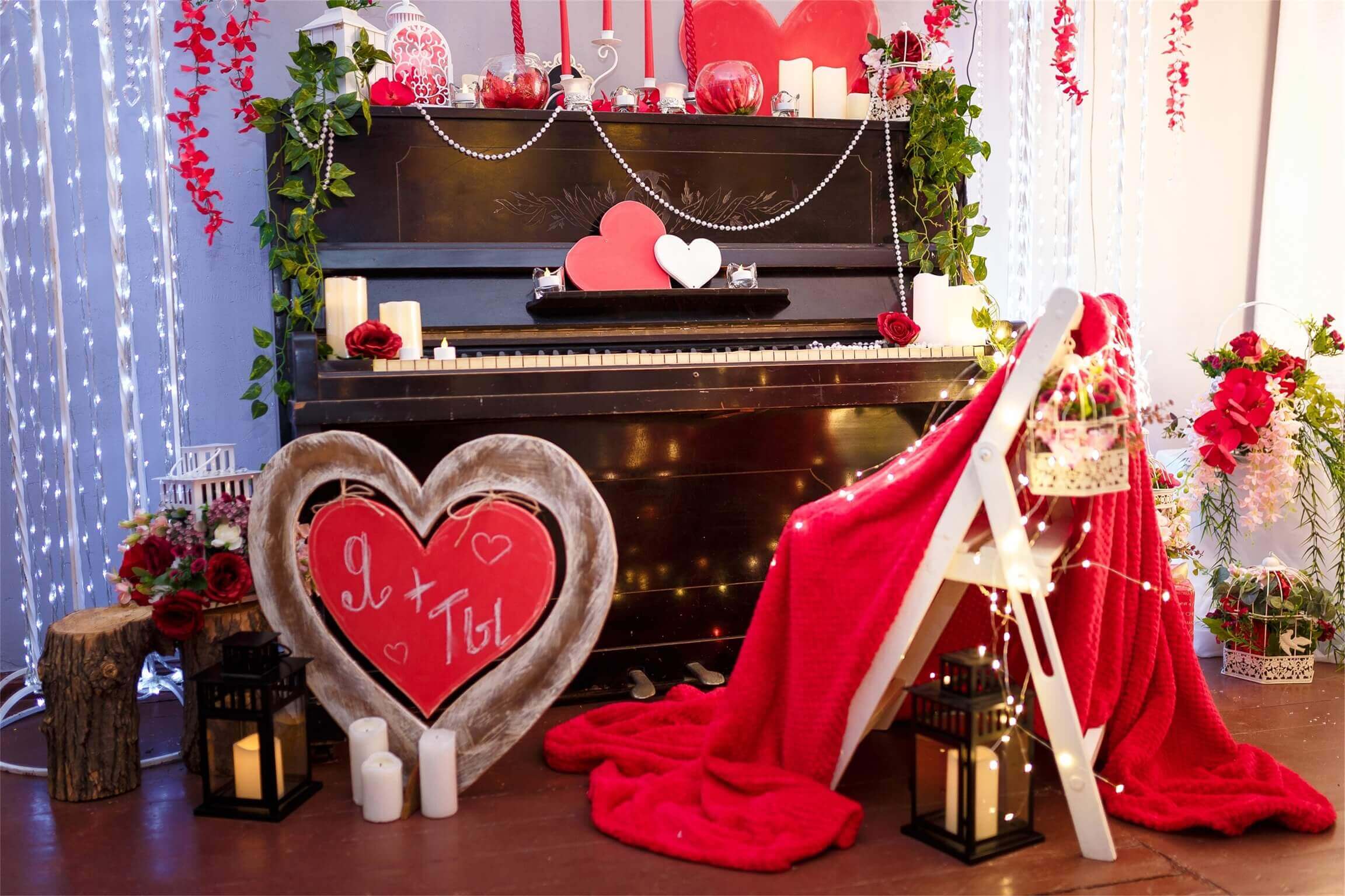 St Valentin Coeur Rouge Décorations Romantiques Piano Fleuri Toile de fond M12-18
