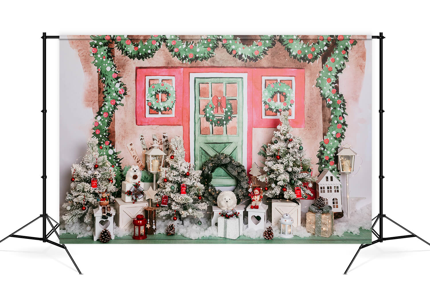 Noël Gribouillis peint à la main Porte Fenêtre Sapin Couronne Cadeaux Toile de fond M12-21