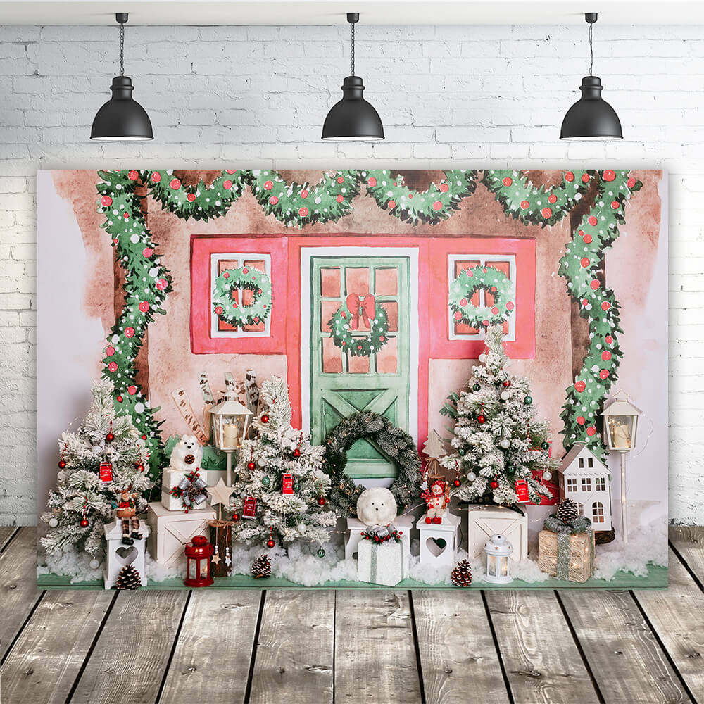 Noël Gribouillis peint à la main Porte Fenêtre Sapin Couronne Cadeaux Toile de fond M12-21